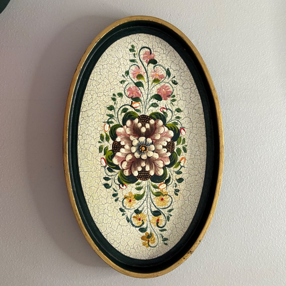Vintage‎ Floral Hand Painted Nesting Trays Set of 3 Oval Black Gold Crackle Folk - Picture 7 of 16